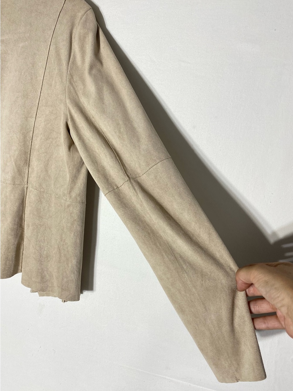 Bagatelle Tan Taupe Faux Suede Drape Front Open Jacket M Boho Y2K - Picture 14 of 15